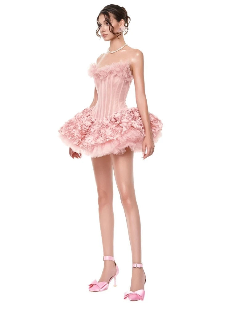 Sexy Strapless Flower Lace A-line Mini Dress Women Red Sleeveless Backless Floral Slim Dresses Evening Party Cocktail...