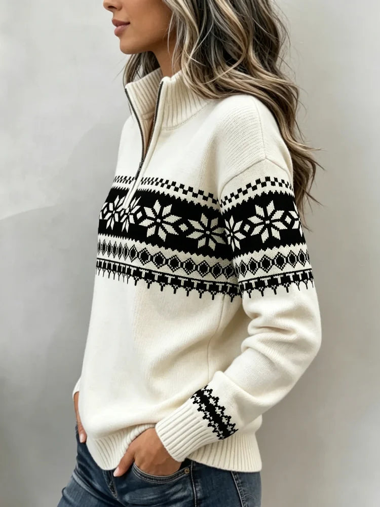 Women Snowflake Fair Isle Jacquard Half Zip Mock Neck Sweater Cream White Long Sleeve Ribbed Cuff Warm Knit Pullover |...