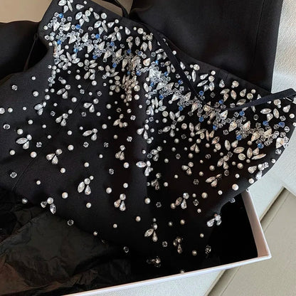 Spring Women Sleeveless Slash Neck Mini Dress New Luxury Diamonds Chest Wrapping Dresses Summer High Waist Backless A-line Dress