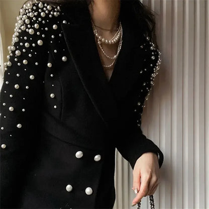 Y2k Beading Double Breasted Woolen Coat Women Slim Fit Long Sleeve Black Tops Mujer 2025 Spring Autumn New Jackets