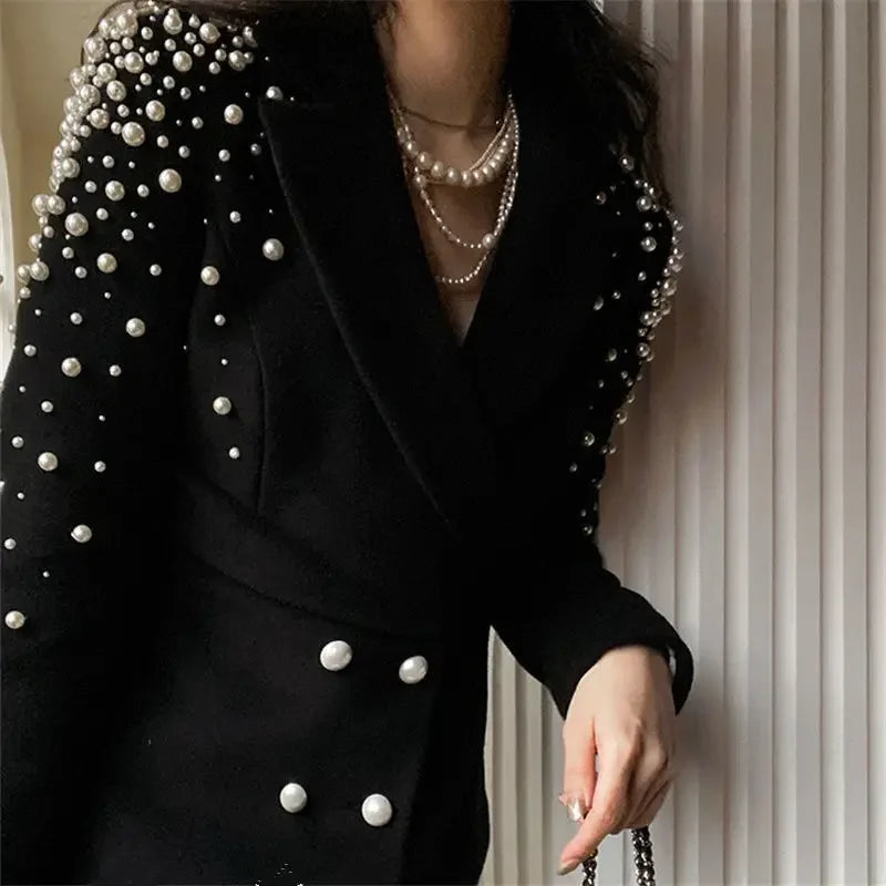 Y2k Beading Double Breasted Woolen Coat Women Slim Fit Long Sleeve Black Tops Mujer 2025 Spring Autumn New Jackets