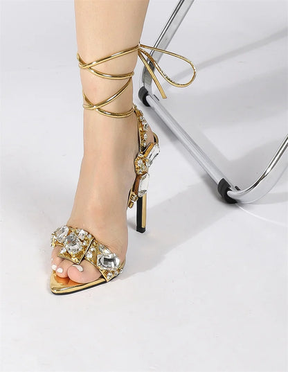 Liyke Sexy Ankle Strap Golded Sandals Women Party Nightclub Stripper Heels High Quality Crystal Diamond Pointed Toe Wedding Shoe - Kimlud
