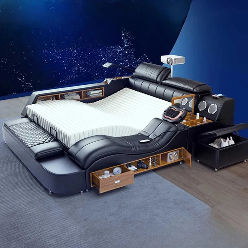 Nordic Multifonction Double Bed Side By Side Leather Luxury King Size Bed Frame Platform Wood Design Lit Bedroom Set...