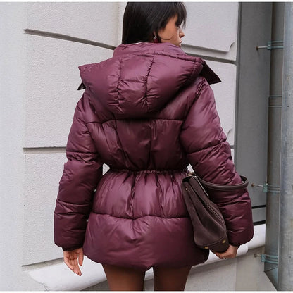 Women Solid Thicken Cotton Jackets Casual Stand Collar Zipper Long Sleeves Lace Up Detachable Hat Coat Winter Lady Warm Outwear