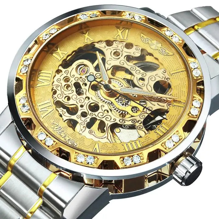 Winner Casual Mechanical Watches For Men Golden Roman Fashion Stainless Steel Belt Mesh Strap Wristwatch Clock Relogio Masculino