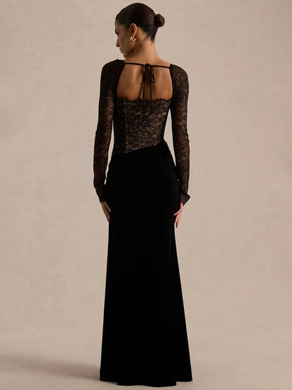 Mozision Lace Velvet Square-Neck Sexy Maxi Dress Women Elegant See Through Long Sleeve Backless Split Club Party Long...
