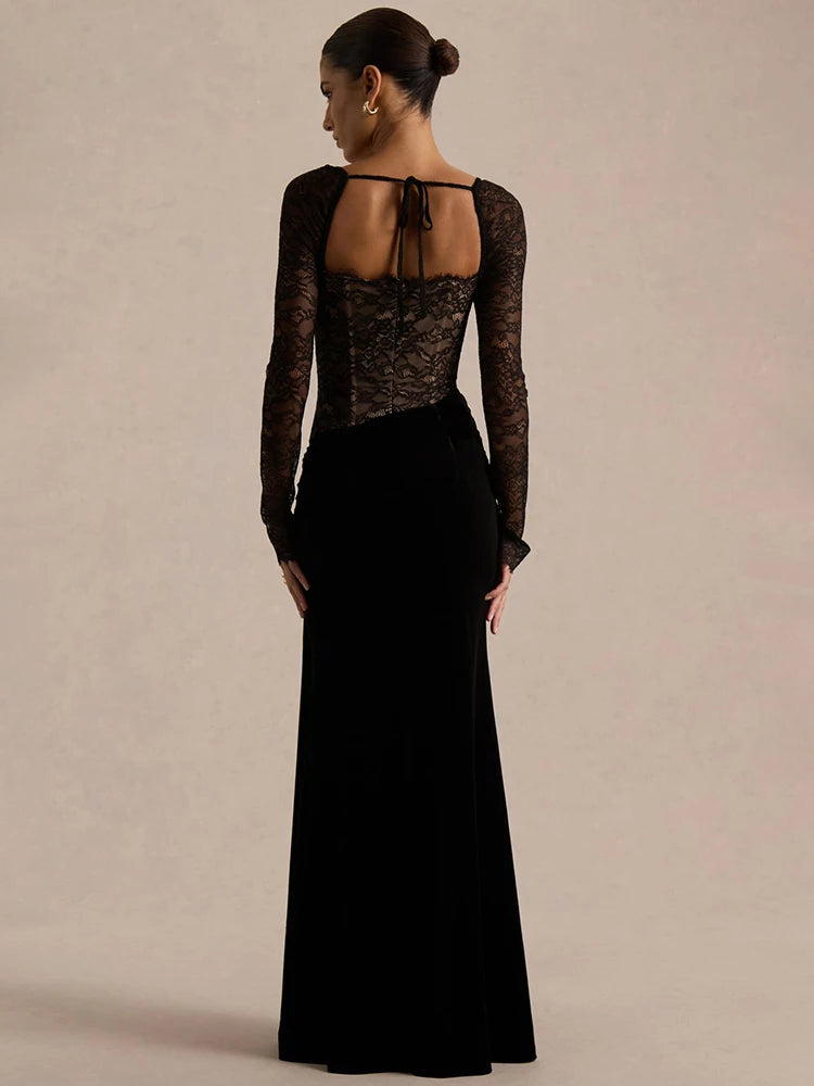 Mozision Lace Velvet Square-Neck Sexy Maxi Dress Women Elegant See Through Long Sleeve Backless Split Club Party Long...