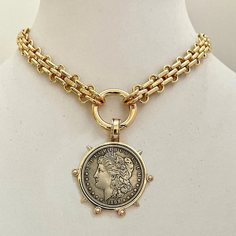 2025 chunky layer Jewelry Luxurious imitation grey pearl exaggerate coin charm pendant Clasps Carabiner Necklace...
