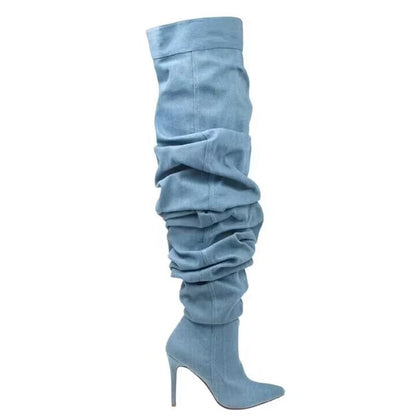 Fashion wrinkle pointed toe women over knee boots sexy thin heel zipper long boots