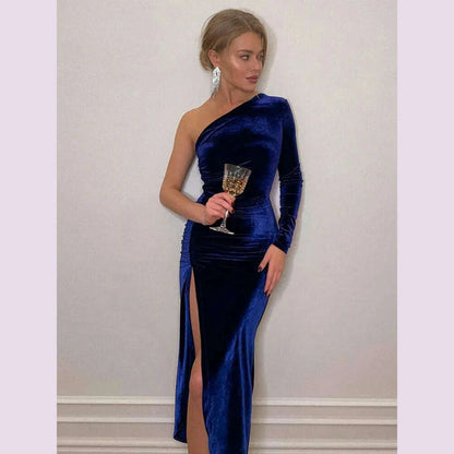Women Elegant Long Sleeve Party Evening Velvet Bodycon Split Pencil Midi Dress Spring Autumn Clothes