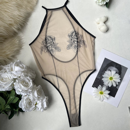 Ellolace Elegant Sexy Lingerie Fascinating Rose Sheer Backless Bodysuit Tempted Honey Body Erotic Allure Dildo Women's Clubwear