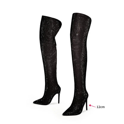 High quality European and American knee length rhinestone pile boots for women's sexy slim high heeled pointed runway boots
