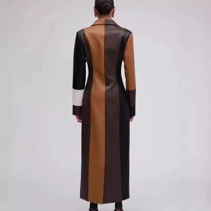 Vintage Style V Neck Long Jackets Fashion Trench Turn-Down Collar Patchwork Single Button Long Sleeve Long Trench Coat for Women