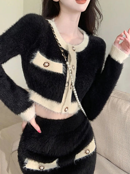 Winter Fluffy Knit 2 Piece Set Women Patchwork French Vintage Mini Skirt Suit Female Korean Fashion Elegant Office Lady Set 2024