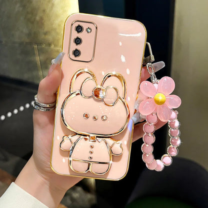 3D Rabbit KickStand Electroplated Soft Wrist Flower Phone Case For Samsung Galaxy S25 Ultra S24 Plus S23 S22 A16 A56 A26 Cover - Kimlud