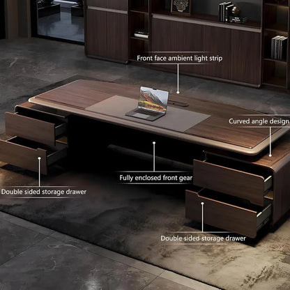 Sleek Straight Desk with Drawers, Home Office Computer Table, Solid Wood Storage, Ambient Light, Wire Management, Easy Assembly, - Kimlud