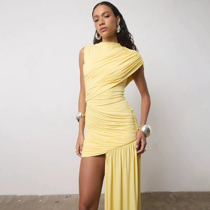 Irregular Round Neck Ruched Ribbon Women Dress Coffee Sleeveless High Waist Mini Dress Summer Slim Party Club Outfits YGZ8
