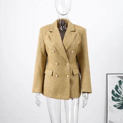 Elegant Paillettes Blazer Coat Women Lapel Doube-breasted Fake Pocket Slim Jackets Lady 2025 Autumn Winter Streewear Female New