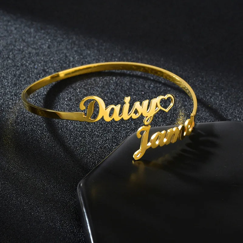 18k Custom Engraved Bracelet Numeral Name Message Bangle Titanium Steel Gold Silver Adjustable Women's Cuff Mother's Day Gift