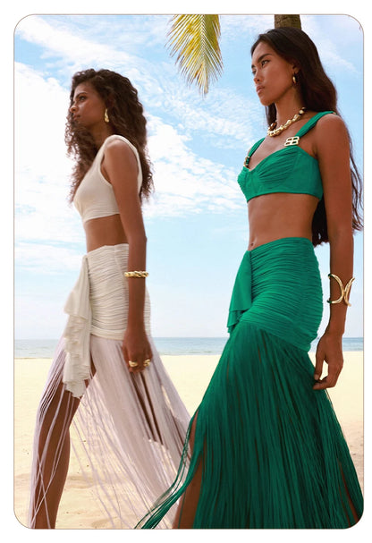 VC Fashion Summer Beach Green Tassel Dress And Cropped Top Set Ruched Waist Design for Vacation Party