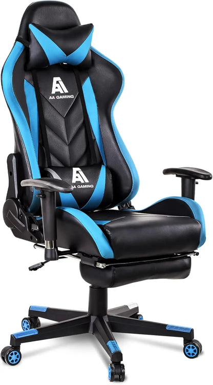 Ergonomic Gaming Chair with High Back, Adjustable Footrest and Lumbar Support - Blue