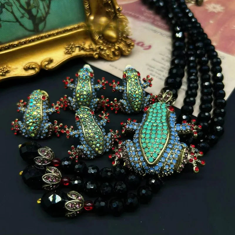 European And American Style Retro Elegant Tassel Inlaid Zircon Frog Shaped Necklace Earring Set Fashionable Women'S Jewelry