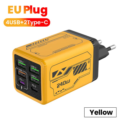 240W 6 Ports 4USB+2Type C Super Fast Charging Mobile Phone Charger USB3.0 PD3.0 EU/UK/US Charger For Iphone 17 16 Samsung POCO