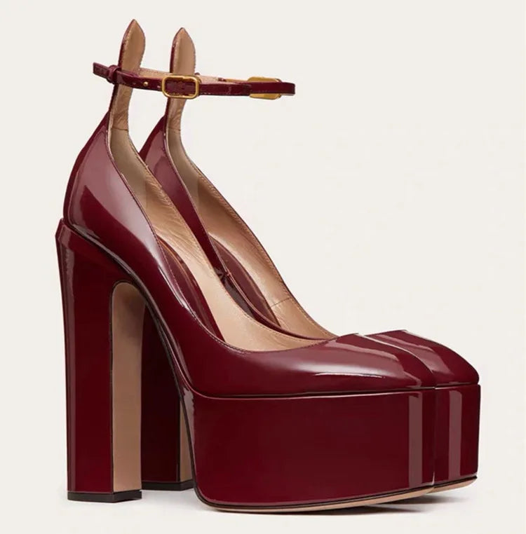 Women New European And American Style Super High Heels Patent Leather Round Toe Thick Sole Large Size Thick Heel Shoes