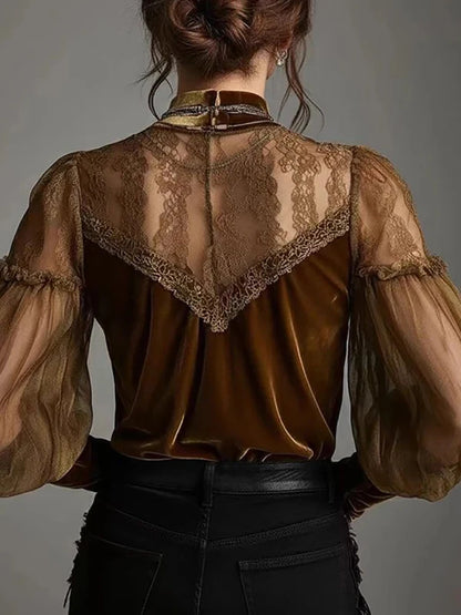 Lace Sheer Sexy Velvet Women Blouse Brown Round Neck Puff Sleeve Elegant Slim Female Autumn Top Fashion High Street Chic Shirts