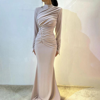 Elegant Half High Collar Long Dress Casual Long Sleeve Solid Floor Length Dress Women Fashion Hight Waist Pleated Slim...