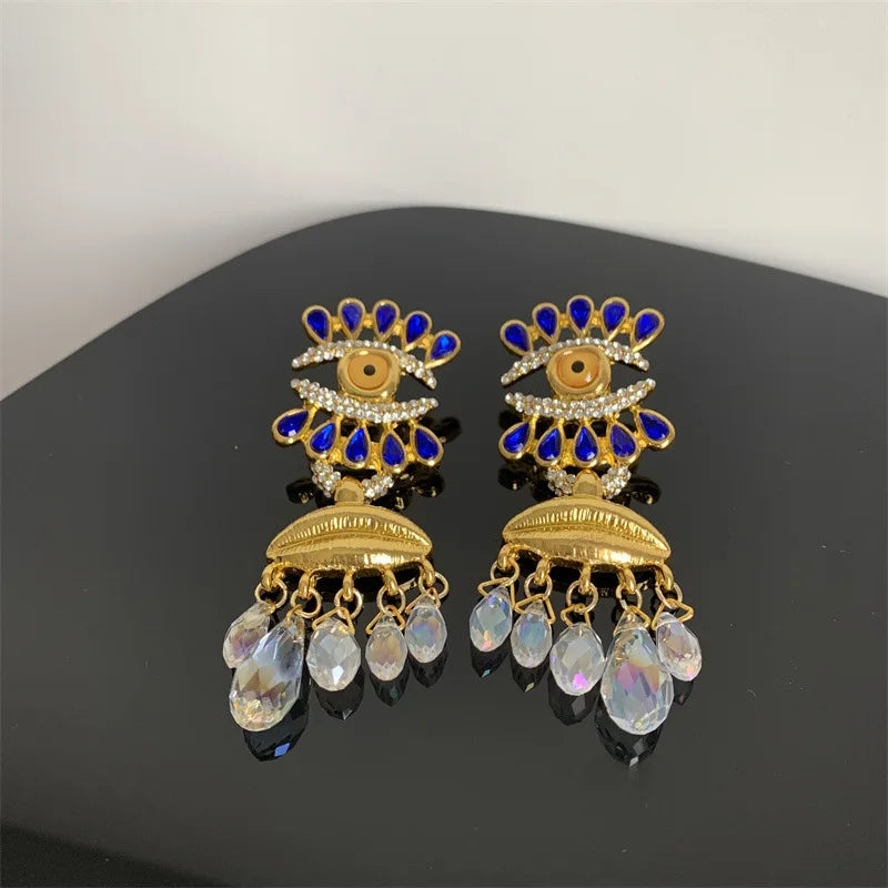 European and American medieval accessories vintage eye tassels light luxury high-end earrings French fashion devil eye earrings