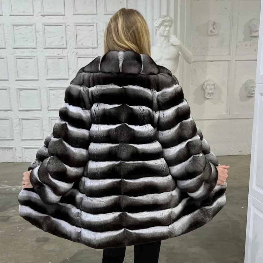 Women Natural Rex Rabbit Fur Coat With Fur Collar Warm Winter Jacket Women Warm Chinchilla Fur Jacket Real Fur Coat New