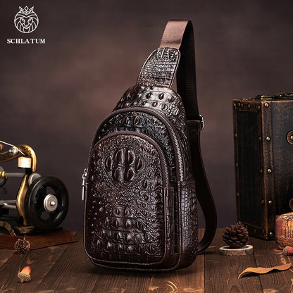 SCHLATUM men's Genuine Leather vintage Crocodile Pattern Chest Bag luxury men crossbody Travel bag multifunction sling bags