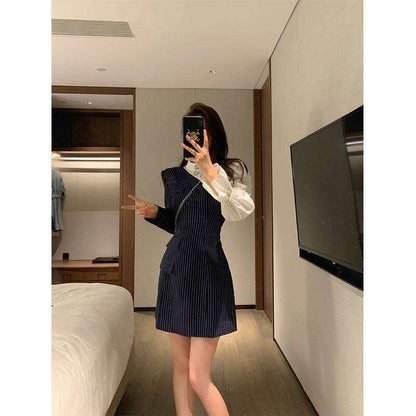 Hikigawa Chic Fashion Women Elegant Patchwork Striped Dresses Office Lady Early Autumn Vintage All Match MIni Vestidos Mujer