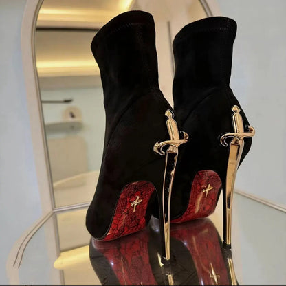 Elegant Short Boots High Boots Velvet Surface Red Bottom High Heels Ladies Fashion Metal Staff Boots Winter Youth Spring
