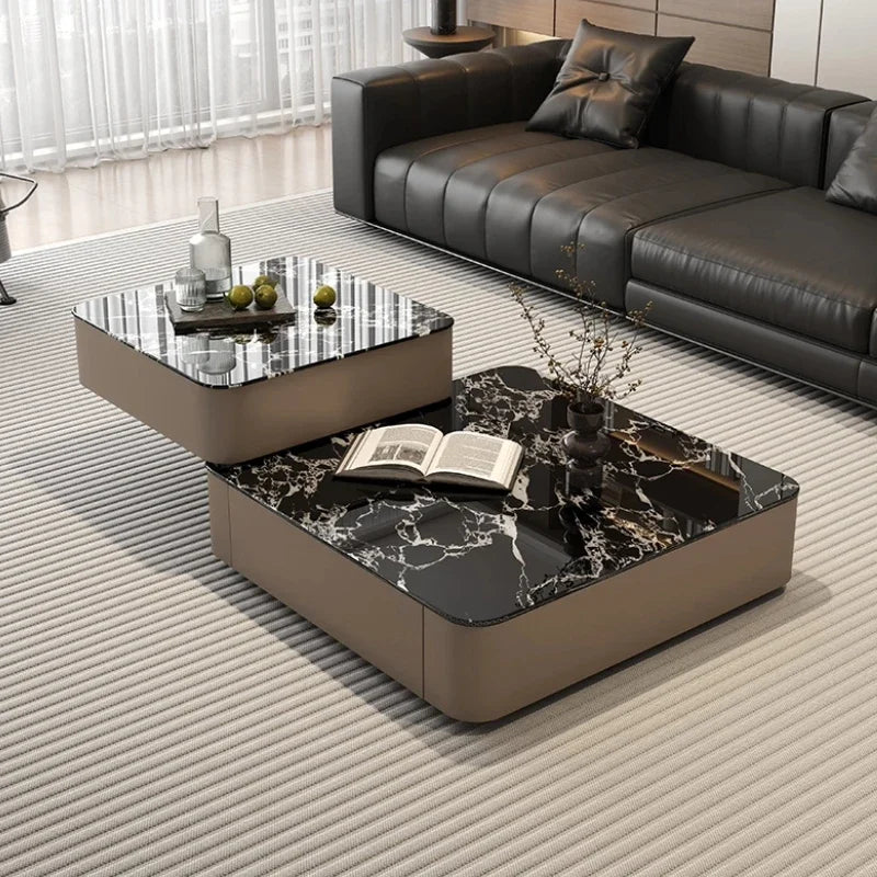 Luxury Italian Light Luxury Rotating Coffee Table Square 80cm Glass Wooden Coffee Tables Living Room Furniture...