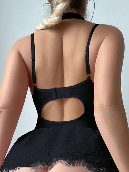 Ellolace Fancy Sexy Female Lingerie Romantic Mini Corset Dress Thong 2PC Set with Choker Stockings Coquette Splicing Bowknot Kit