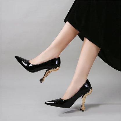 Deigner Gold Hip High Heels Runway Women Pumps Pointed Toe Strange Heel Dress Shoes Black Patent Leather Ladies Stiletto