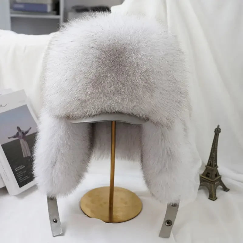 New Winter Men's 100% Real Silver Fox Fur Bomber Hat Raccoon Fur Ushanka Cap Trapper Russian Man Ski Hats Caps Real Leather Top - Kimlud