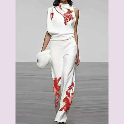 Spring Summer Fashion Printed Set For Women's Casual Sleeveless Shirt Top + Wide-leg Trousers 2-piece Suit Office Women Outfit