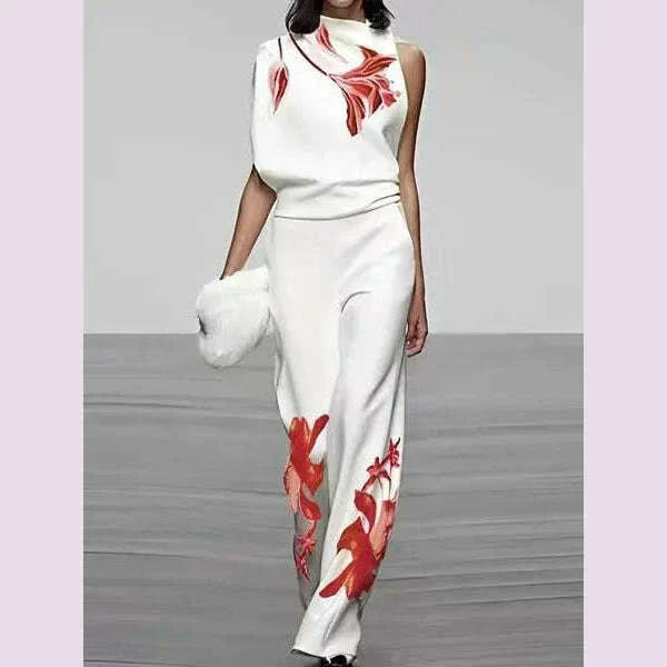 Spring Summer Fashion Printed Set For Women's Casual Sleeveless Shirt Top + Wide-leg Trousers 2-piece Suit Office Women Outfit
