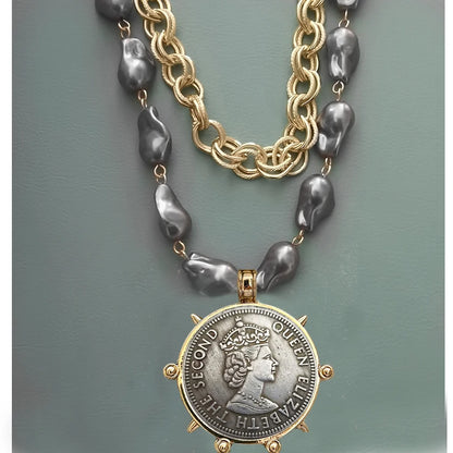 2025 chunky layer Jewelry Luxurious imitation grey pearl exaggerate coin charm pendant Clasps Carabiner Necklace...