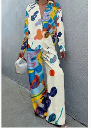 Casual Printed Two Piece Set Women Spring Summer New Fashion Comfort Holiday Button Long Sleeve Shirts And Wide Leg Pants 2 Sets