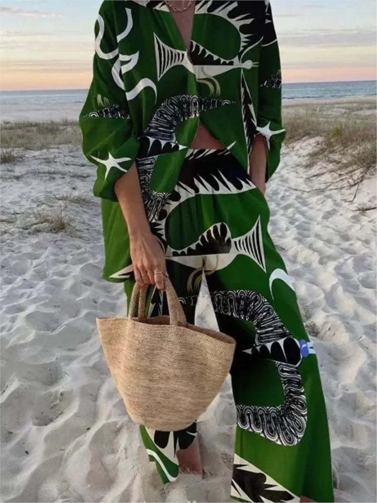 Spring Autumn New In Print Pant Sets Women 2024 Fashion Long Sleeve Shirts Wide Leg Trousers Two Piece Sets Trendy Streetwear
