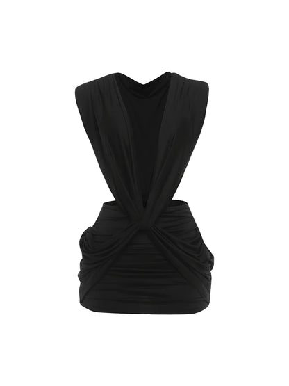 Weird Puss Sexy Cross Ruched Dress Women Deep V-Neck Sleeveless Backless Hollow Patchwork Peach Hip Stretch Slim Party...