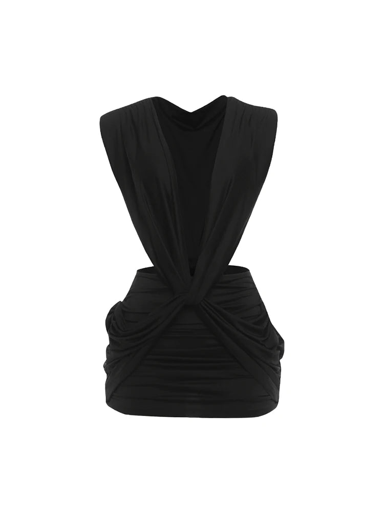 Weird Puss Sexy Cross Ruched Dress Women Deep V-Neck Sleeveless Backless Hollow Patchwork Peach Hip Stretch Slim Party...