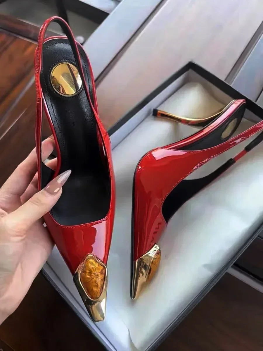 Luxury Metal Jewel Decoration Heels Women 2025 Sexy Pointed Toe Patent Leather Women Pumps Elegant Banquet High Heeled Sandals - Kimlud