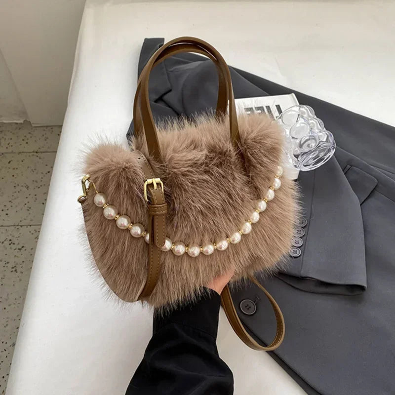 Winter Fashion Faux Fur Crossbody Bags for Women's Gift, Pearl Chain Decor Shoulder Bag, Ladies Handbags Top-handel Bag
