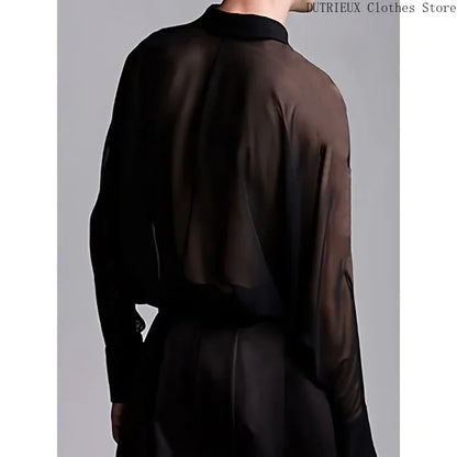 Men's Summer Black Thin See-through Clothes Men's Casual Shirt Breathable Blouse Night Bar Club Sexy Costume - Kimlud