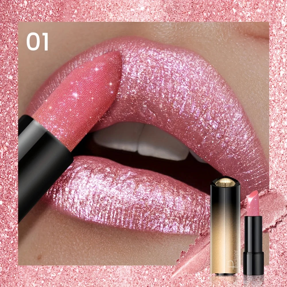 Metallic Shimmer Lipstick, Pearly Glitter Shine, Creamy Texture, High Color Payoff, Smooth Apply, Party Makeup